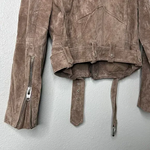 Blank NYC French Taupe Cropped Suede Moto Jacket Size M Belted Leather - Picture 10 of 10